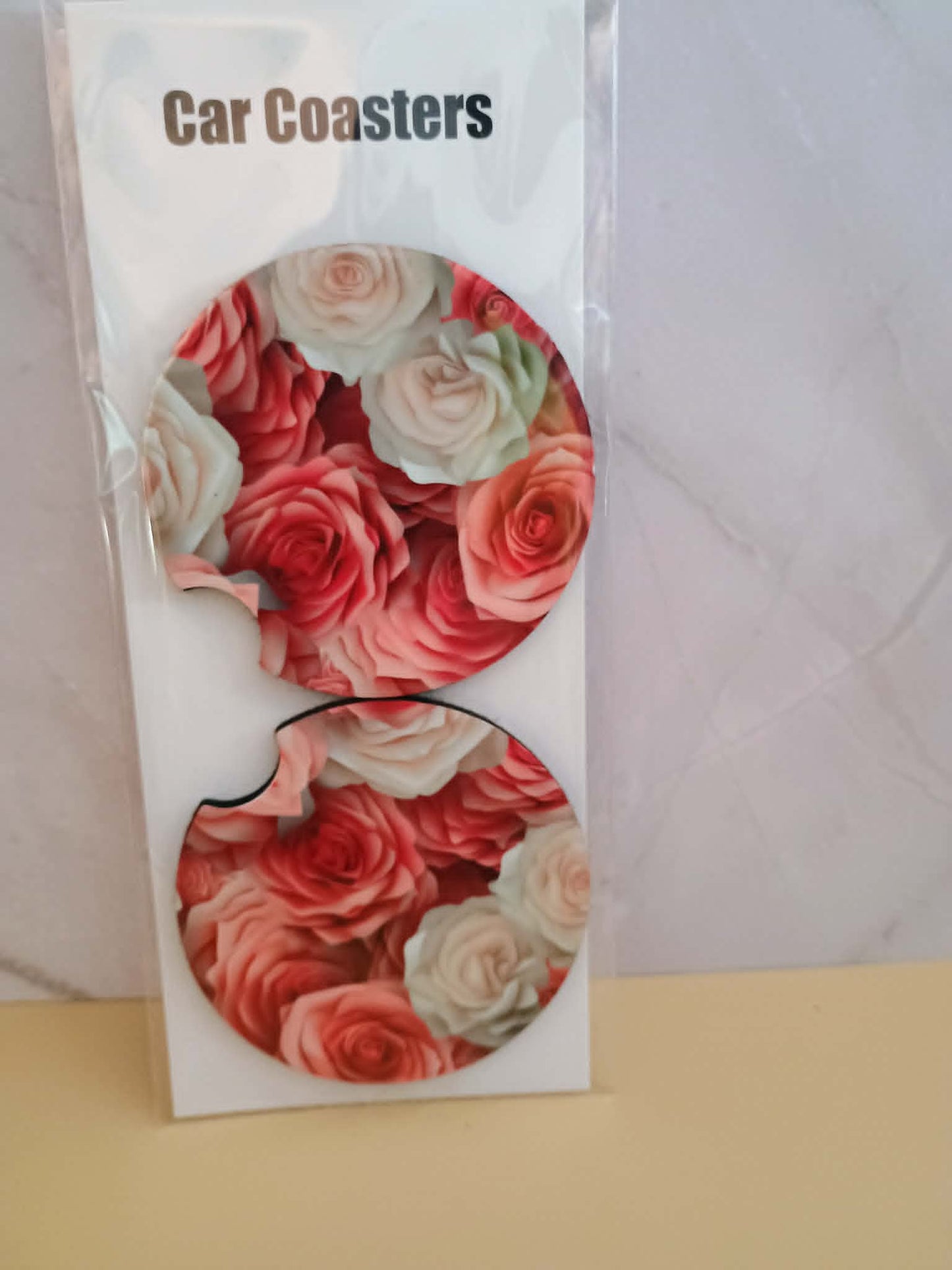 Car coasters~Pink and white roses