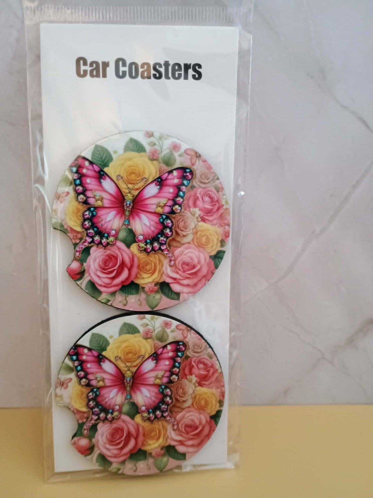 Car coasters~Butterfly with pink roses