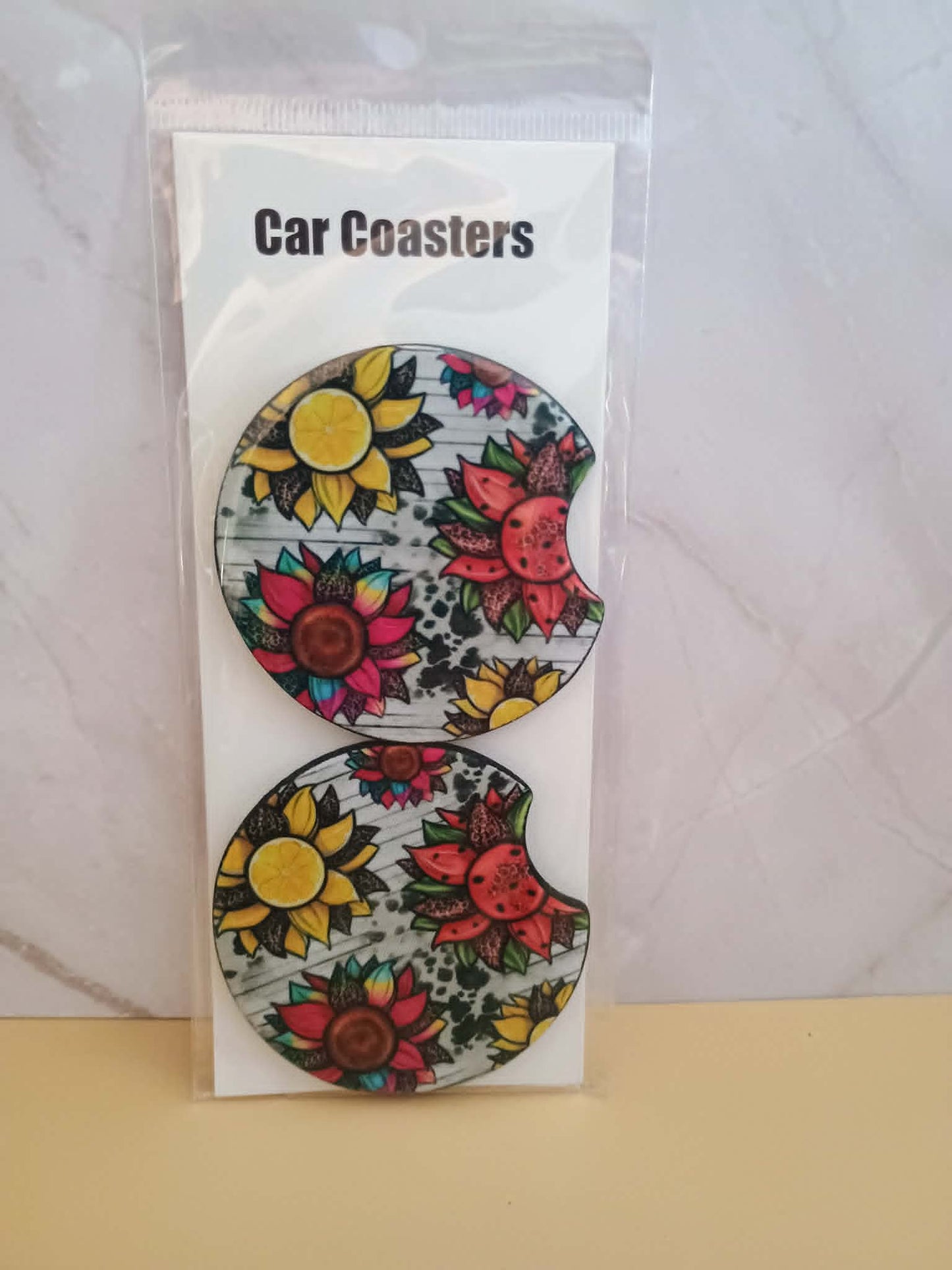 Car coasters~multi colored flowers