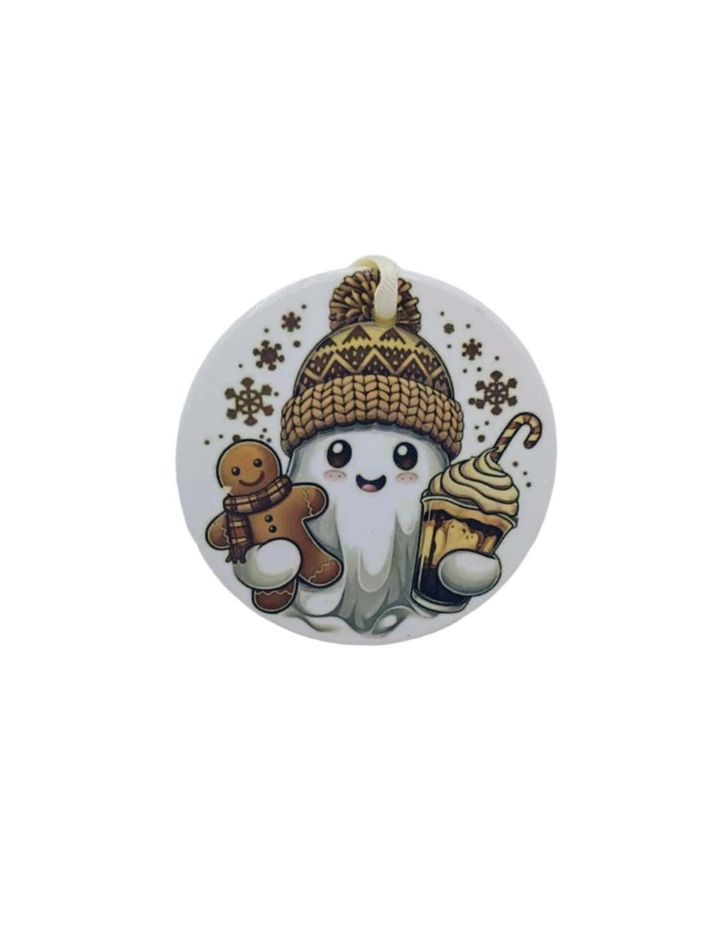Ceramic Christmas ornament ~cartoon ghost with coffee and gingerbread