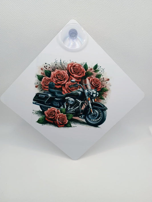 Car window sign~motorcycle with roses