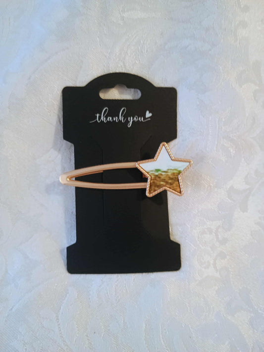Metal Hair Barrette~gold and white star