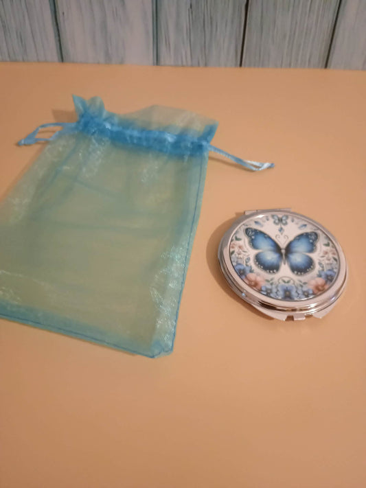 Compact mirror~blue butterfly