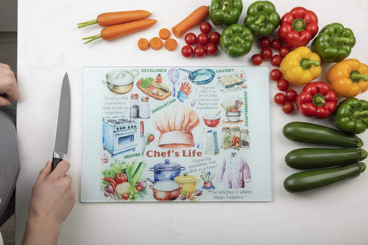 A square ceramic tile featuring a colorful retro-style illustration titled 'Chef's Life' with cooking utensils, ingredients, and kitchen scenes on a white background, standing on a yellow surface against a white wall.