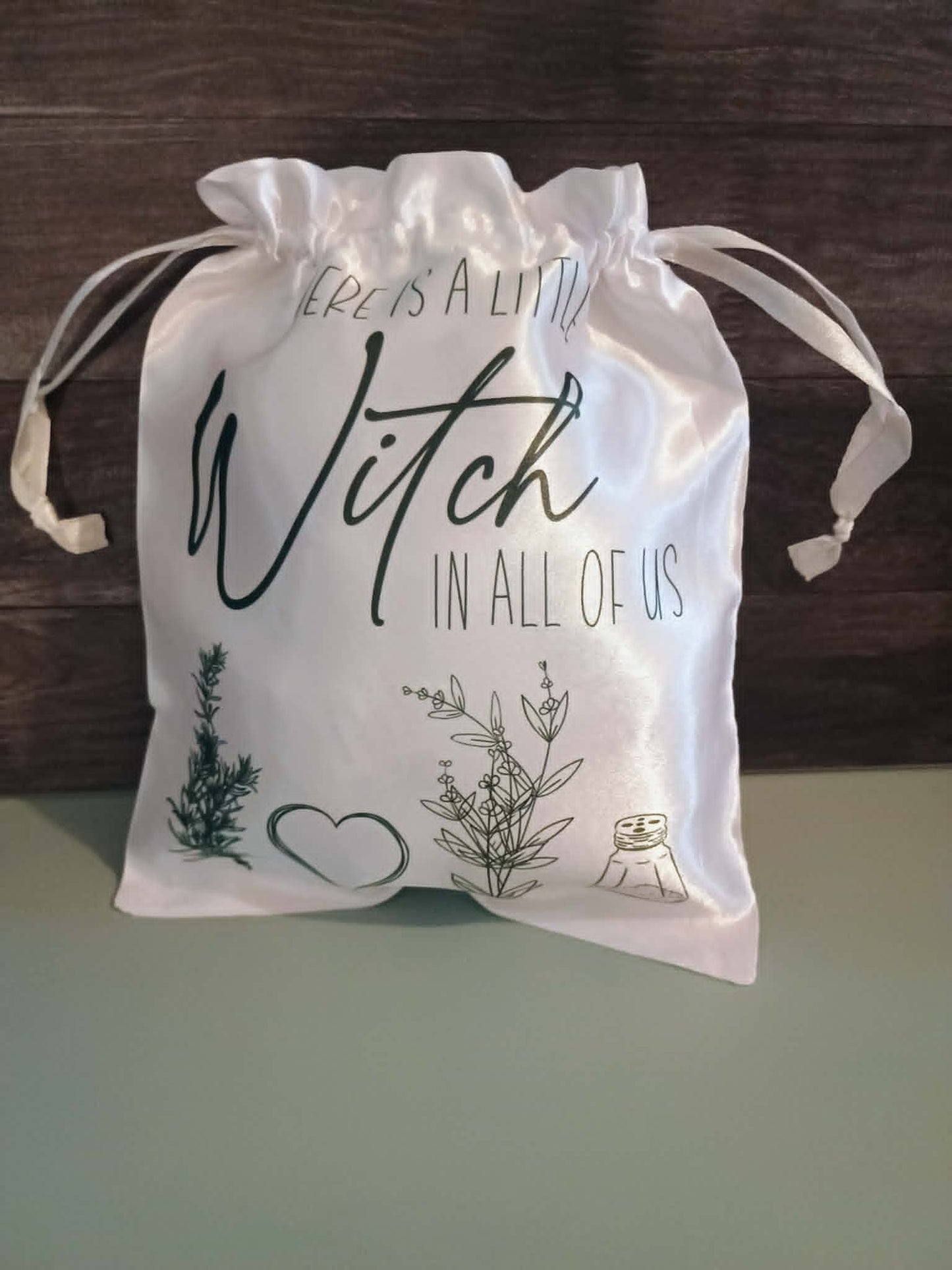 Satin drawstring bag~There is a little which in all of us, rosemary, salt shaker,heart