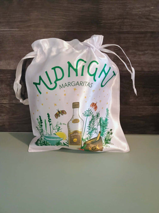 Satin drawstring bag~Midnight margaritas, green yelllow, greenery,bottle