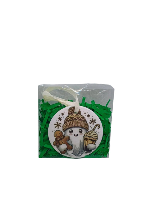 Ceramic Christmas ornament ~cartoon ghost with coffee and gingerbread