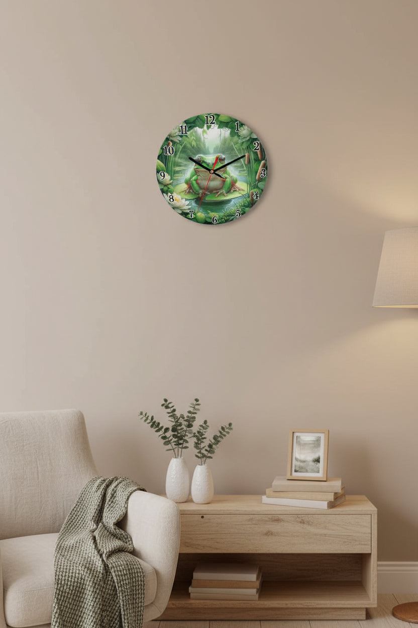 Frog on Lily Pad Wooden Wall Clock - Circular Wall Clock