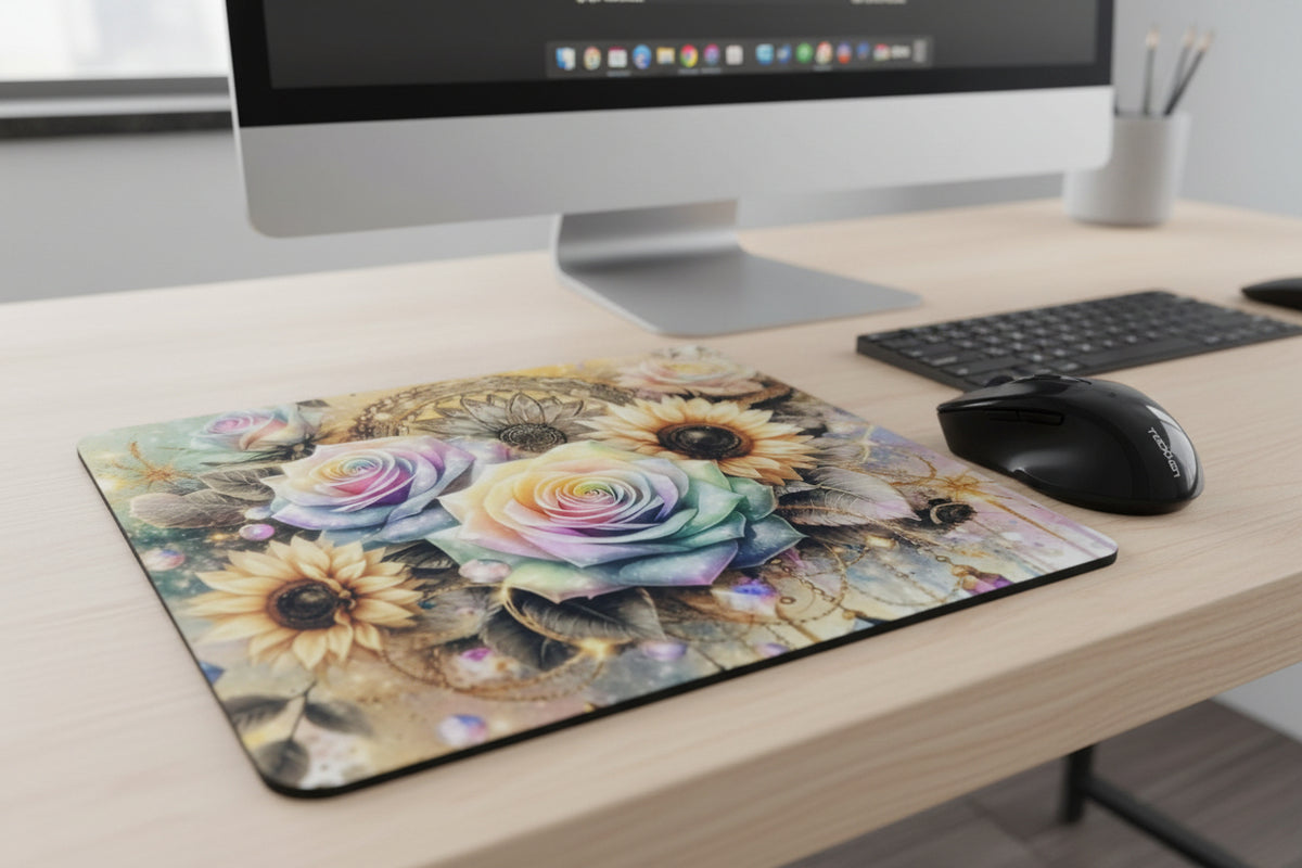 Floral mouse pad with a black mouse on a white surface
