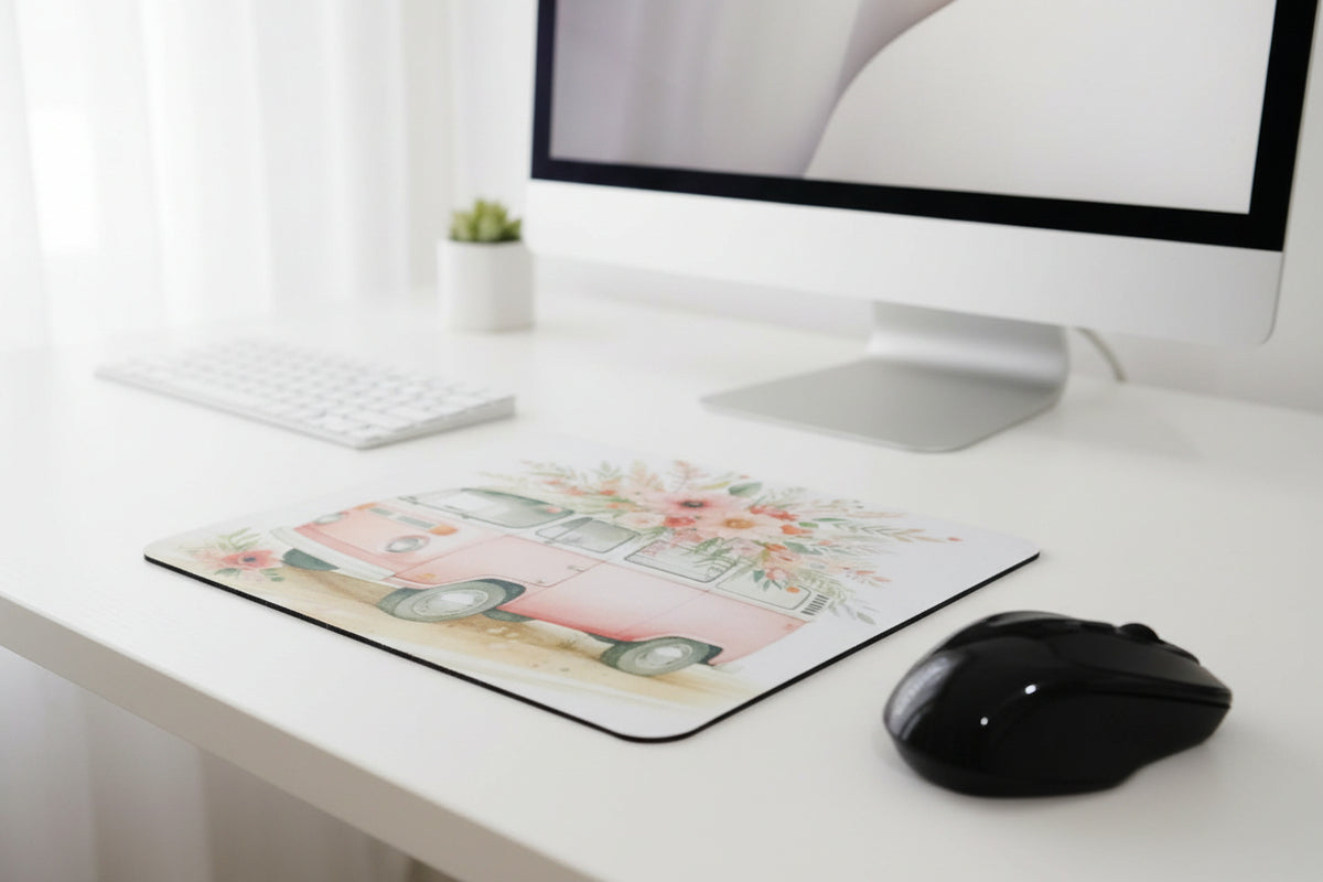 Mouse pad with a pink van and floral design, featuring a Targus mouse.