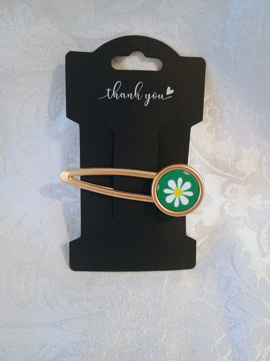 Metal Hair Barrette~green flower round