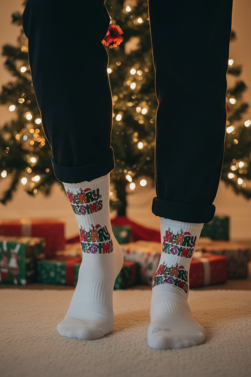 Christmas Socks - Athletic Crew Socks with Reindeer Antlers Pattern