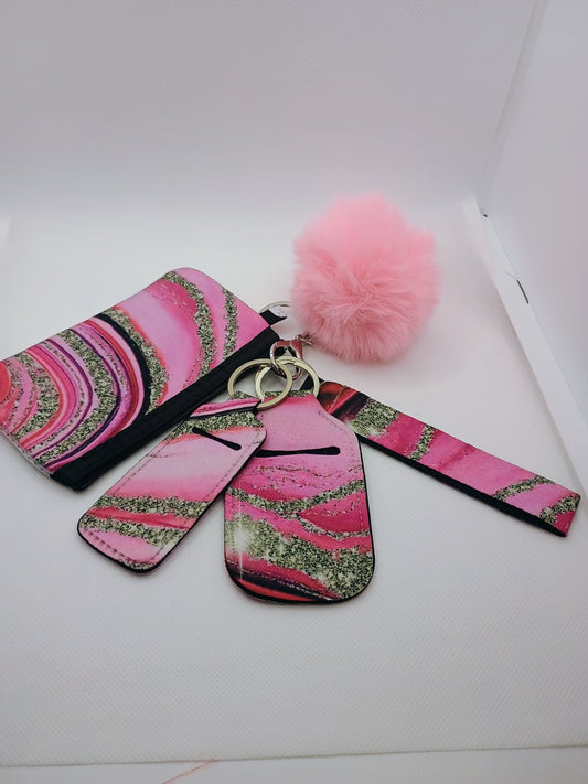 wristlet keychain set-pink/silver