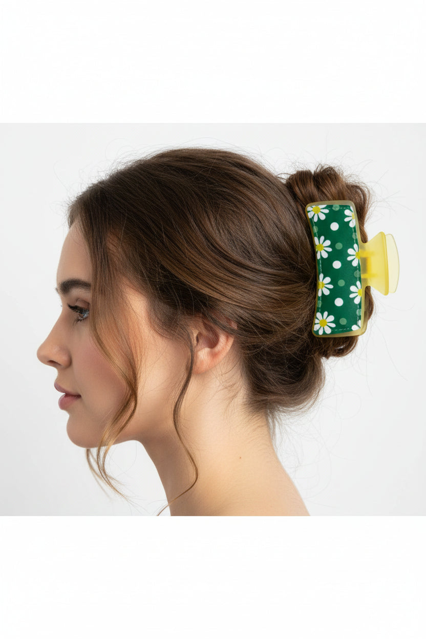 Hair clip~green/yellow flowers