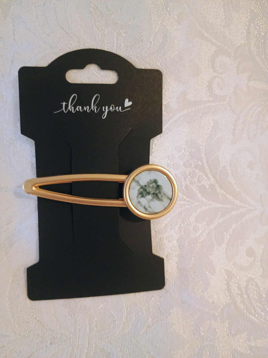 Metal Hair Barrette~grey marble round