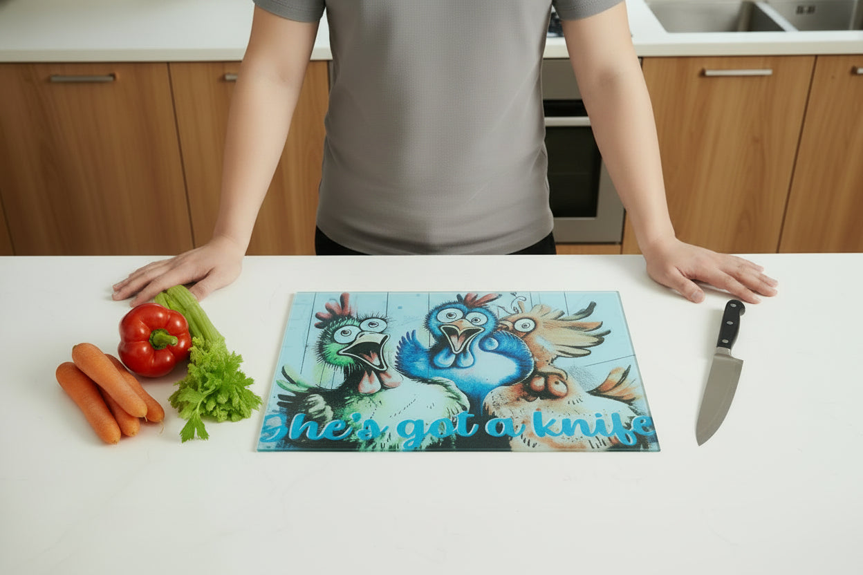 Glass cutting board~She's got a knife