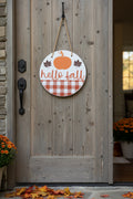 Fall door sign~Hello fall~checkered~orange pumpkin