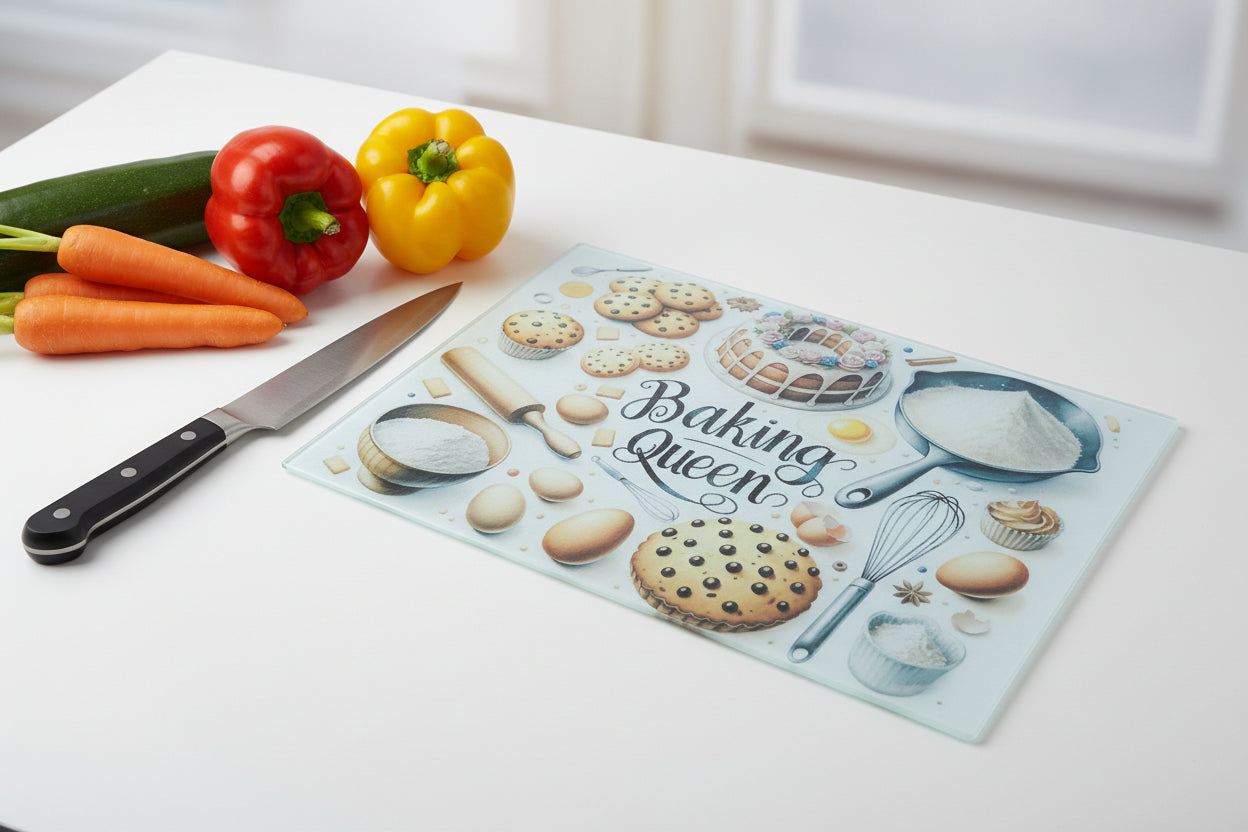 A rectangular decorative sign or plaque featuring the phrase 'Baking Queen' in black script, surrounded by illustrated baking items such as cookies, cupcakes, eggs, flour, a whisk, a rolling pin, and a cake, set against a white background.