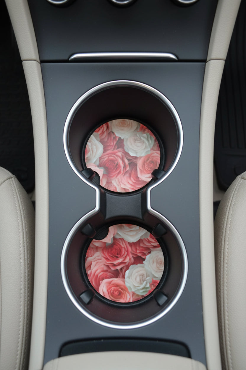 Car coasters~Pink and white roses
