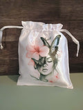 Satin drawstring bag~Girl with butterflies, flowers, pink