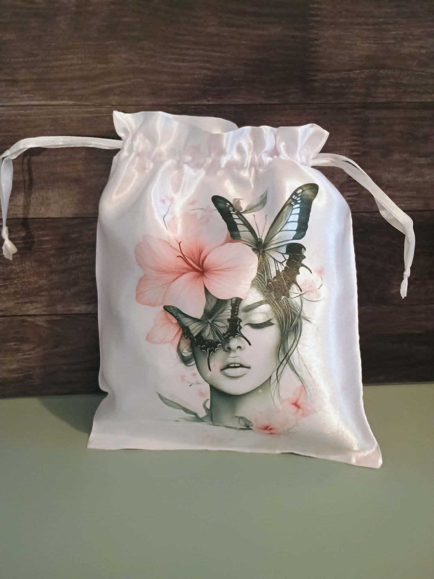 Satin drawstring bag~Girl with butterflies, flowers, pink