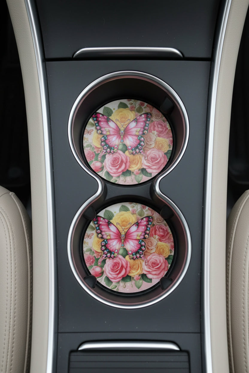Car coasters~Butterfly with pink roses