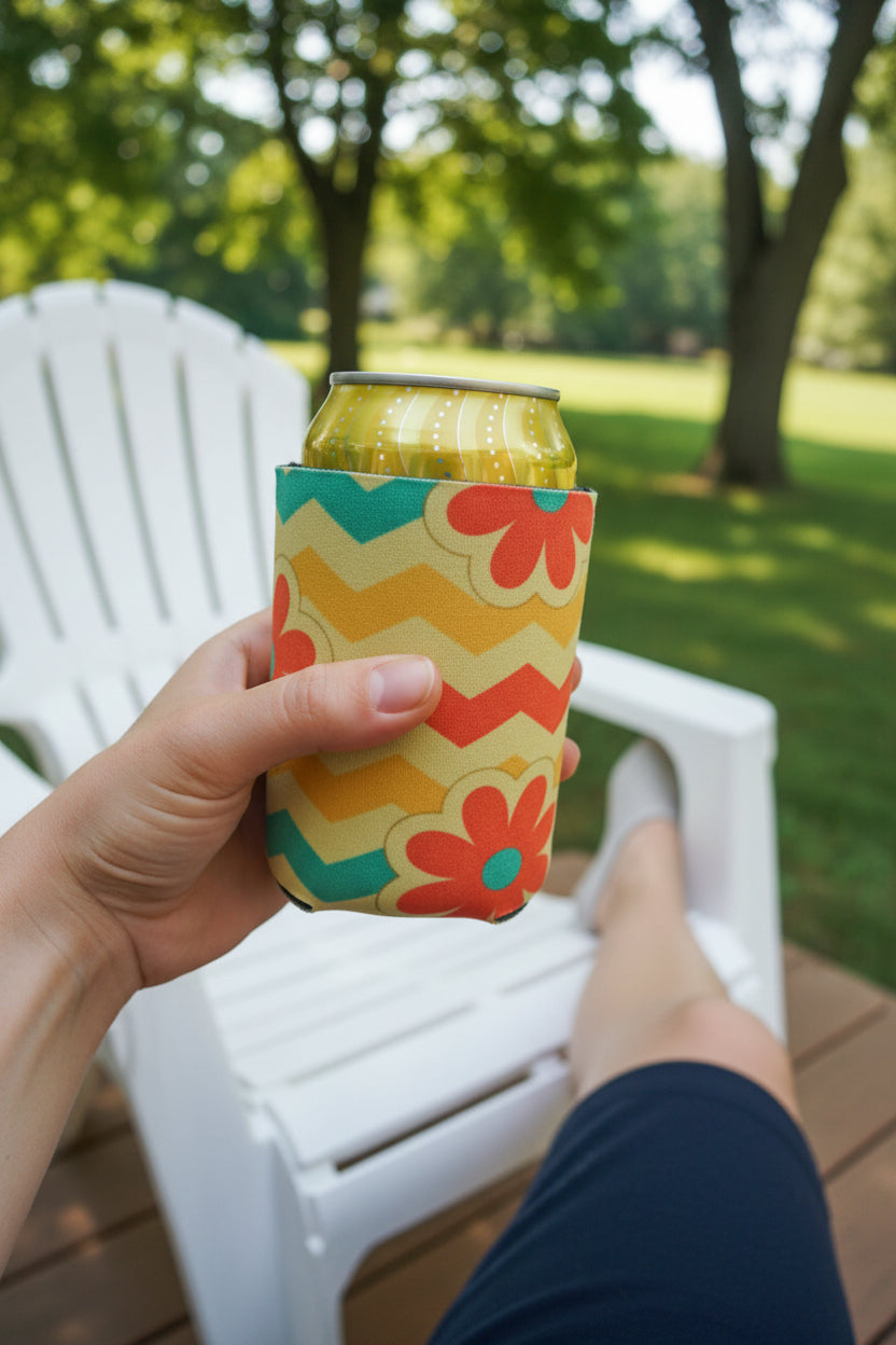 Can koozie~yellow and coral flowers