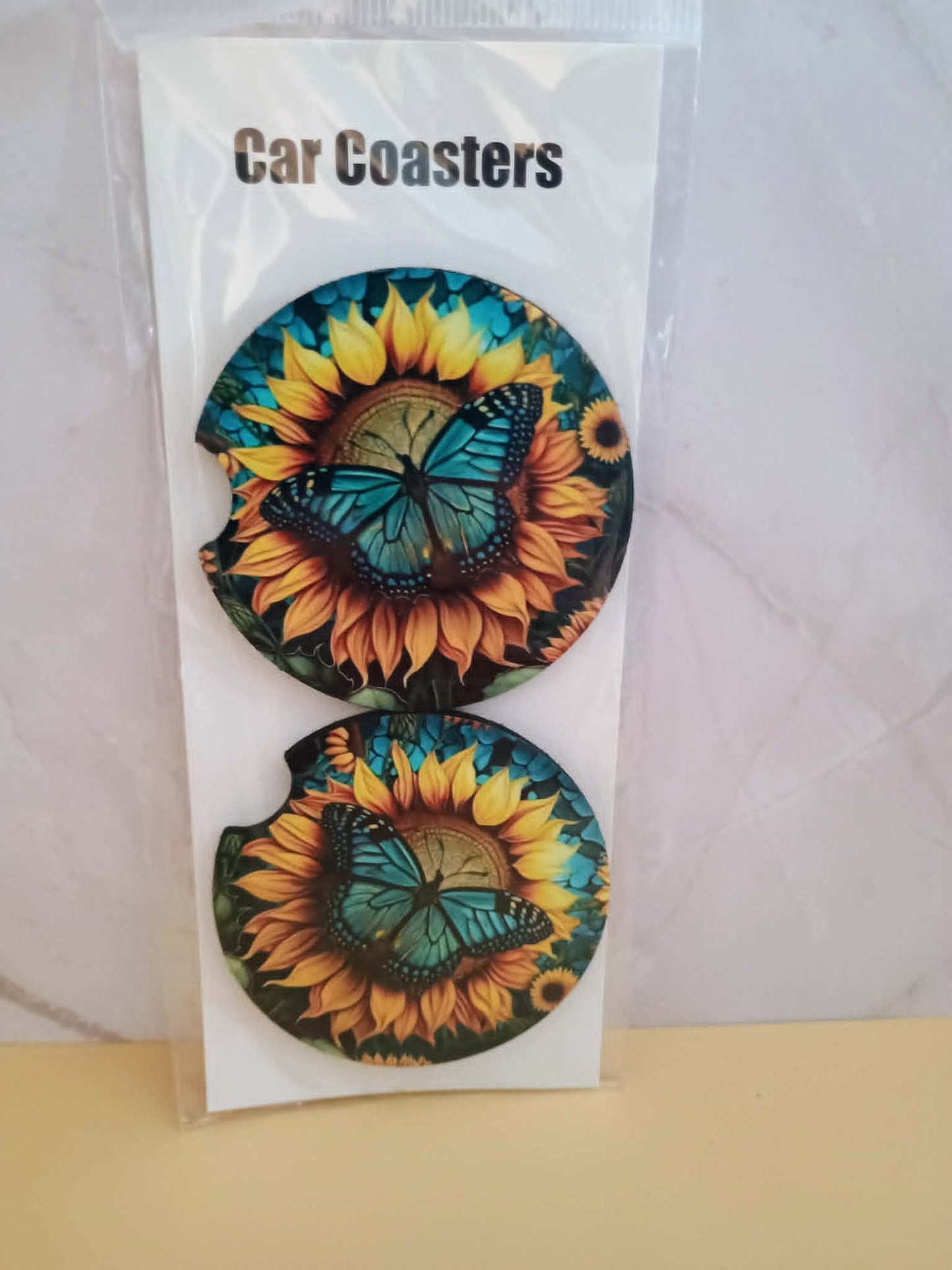 Car coasters~Teal and yellow with butterfly