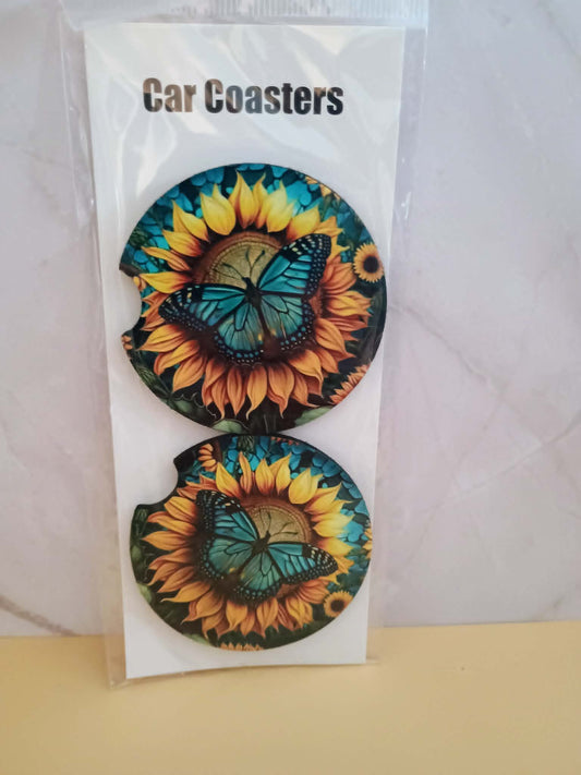 Car coasters~Teal and yellow with butterfly