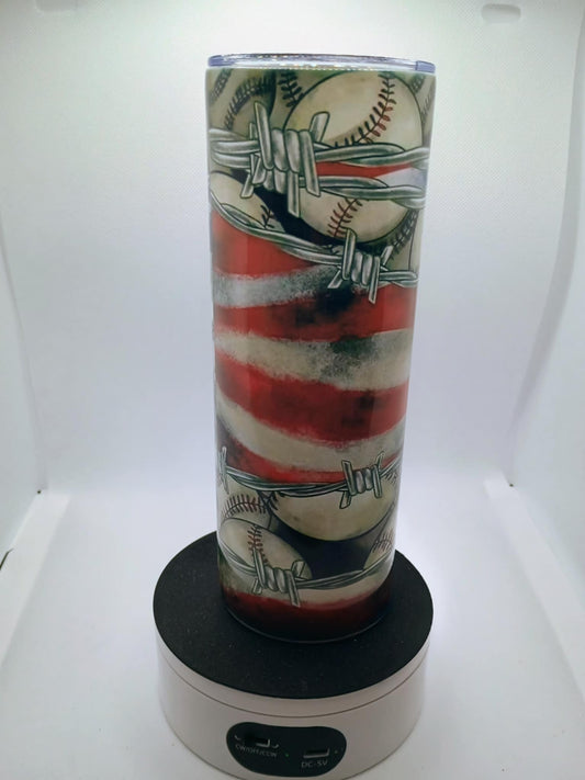 20 oz tumbler~Baseball's with barbed wire