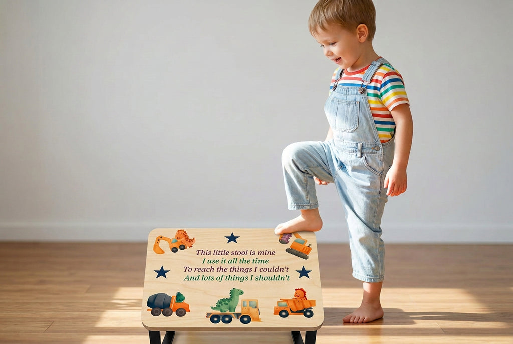 Wooden Step stool~Boy~trucks~dinosaurs