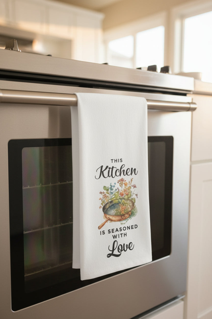 Kitchen towel with decorative text and illustration on a rack