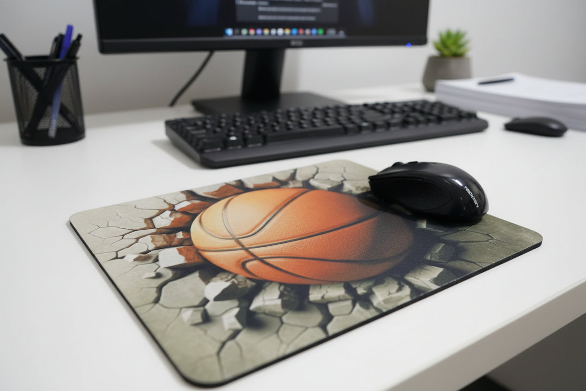 Mouse pad with a basketball design and a computer mouse on top