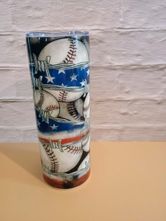 20 oz tumbler~Baseball's with barbed wire