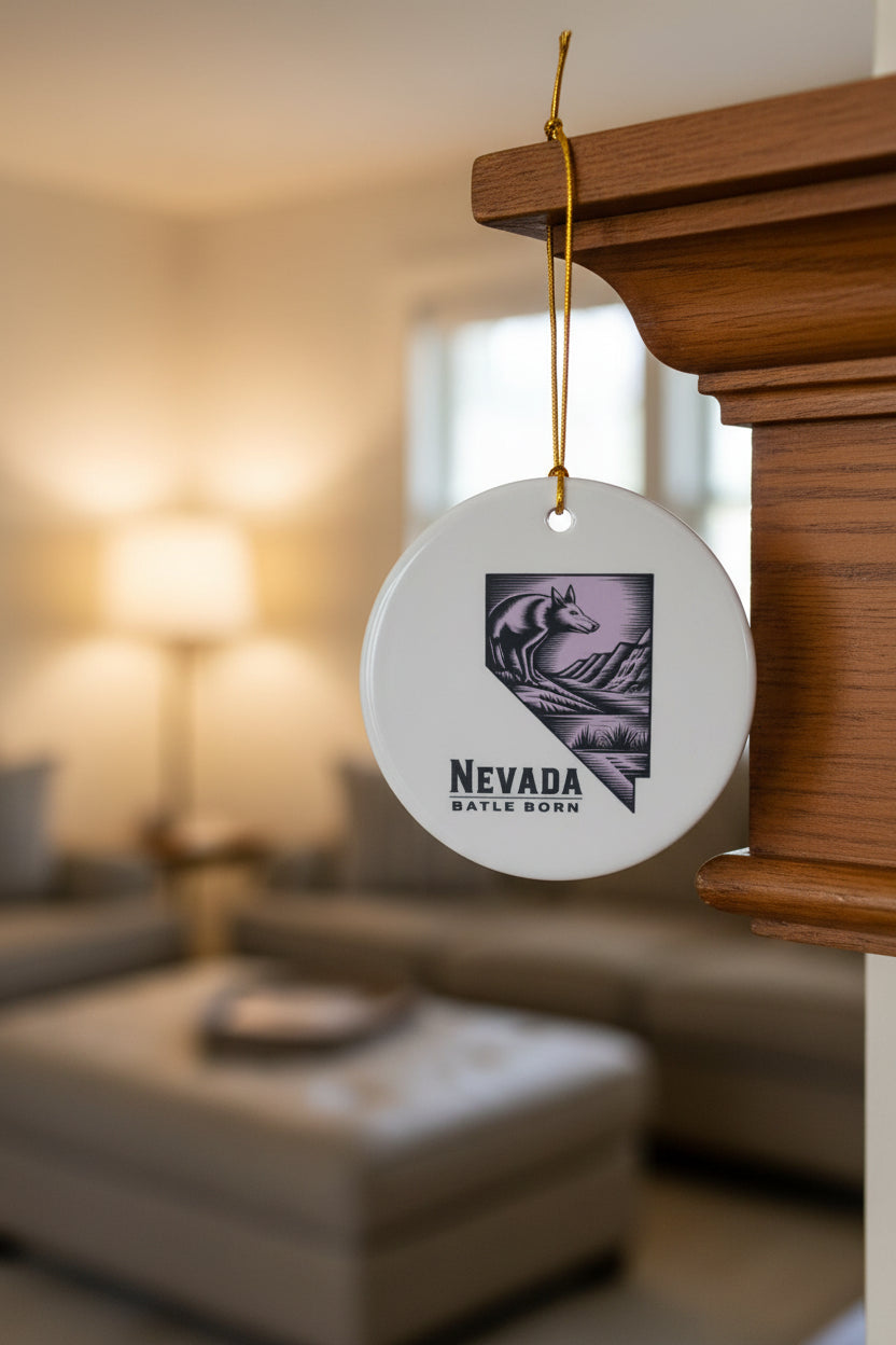 A round white ceramic Christmas ornament hanging from a gold string on a wooden mantel, featuring a Nevada battle ground graphic in purple and black with the text 'NEVADA BATTLE GROUND'. The background shows a softly blurred living room interior.