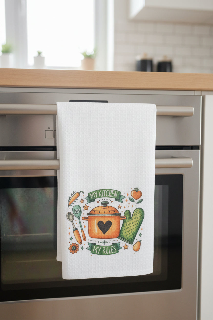 White towel with a kitchen-themed design hanging on a rack.