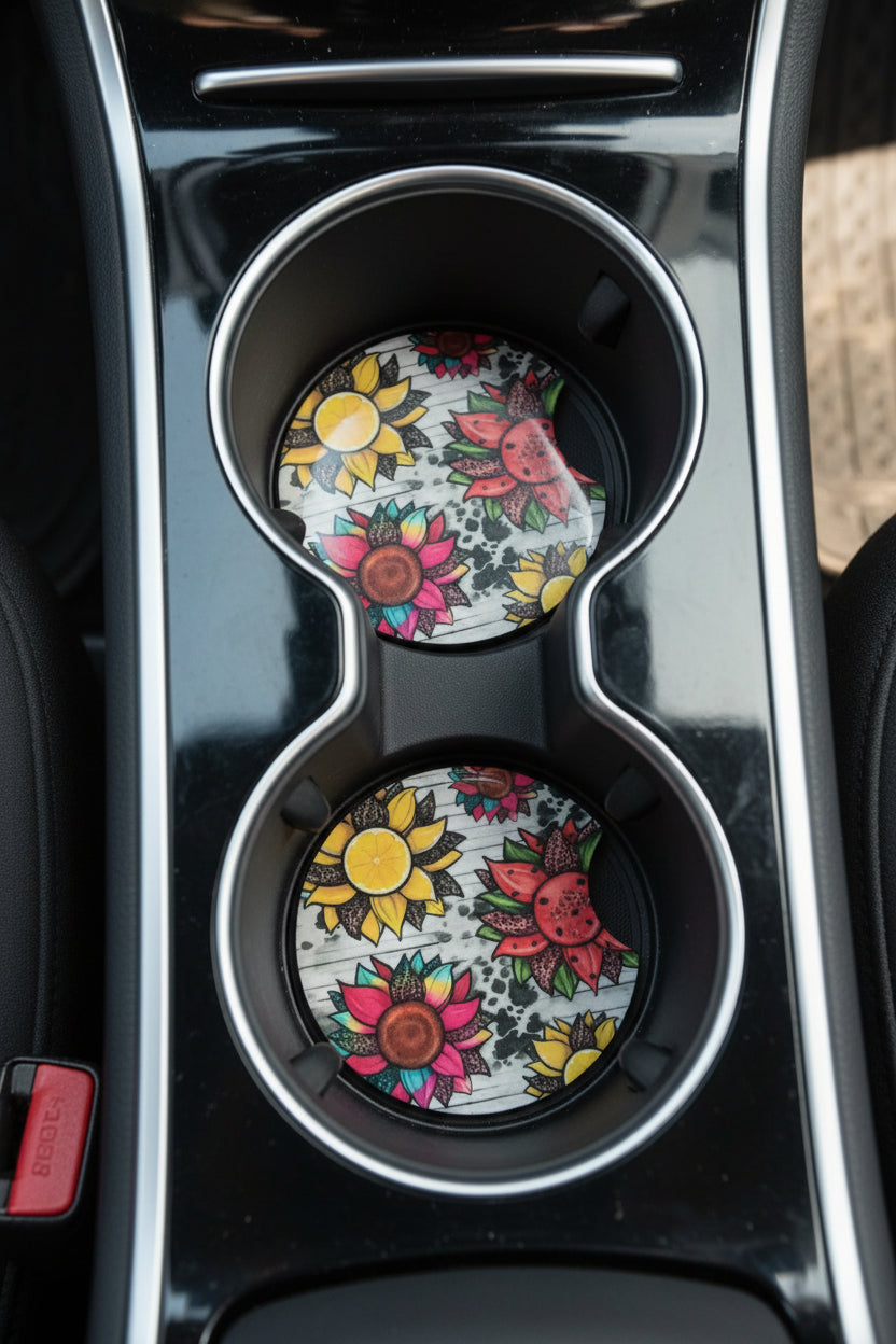 Car coasters~multi colored flowers