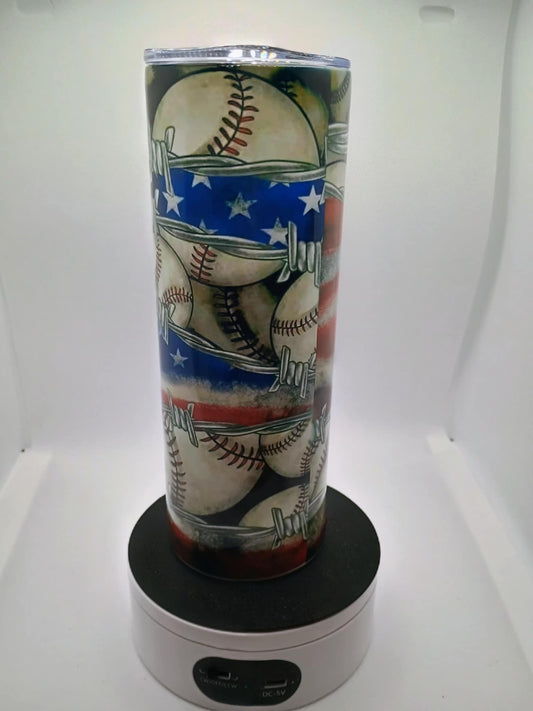 20 oz tumbler~Baseball's with barbed wire