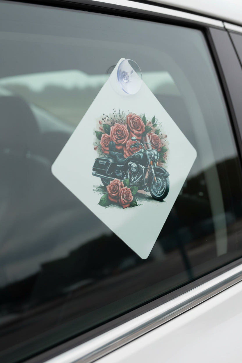 Car window sign~motorcycle with roses