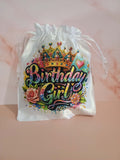 Satin drawstring bag~Birthday girl, multi color, crown, flowers
