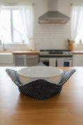 Bowl koozie~navy blue dots and stripes
