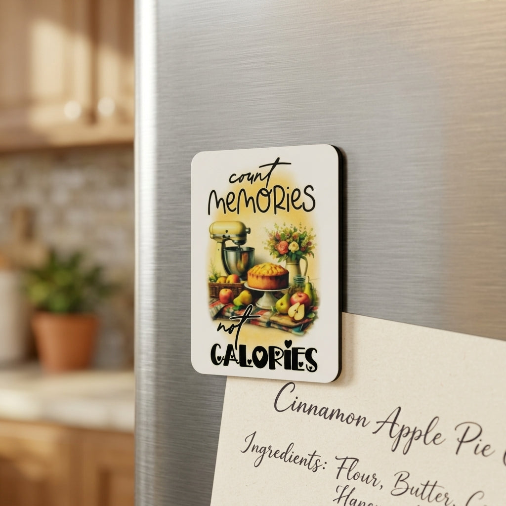 Count Memories Not Calories 2x3 magnet on a stainless steel refrigerator door holding a recipe card