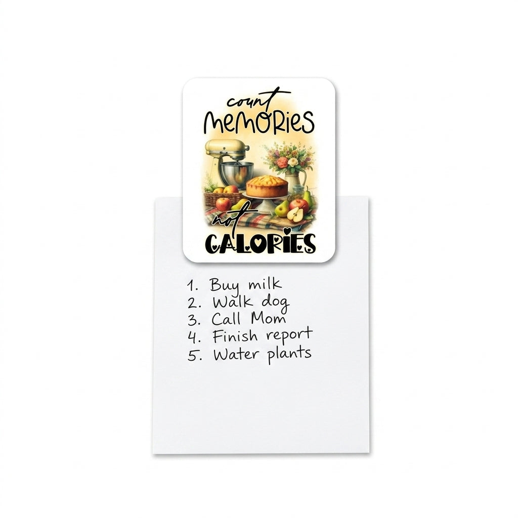 Count Memories Not Calories cute fridge magnet holding a to-do list on a white office file cabinet