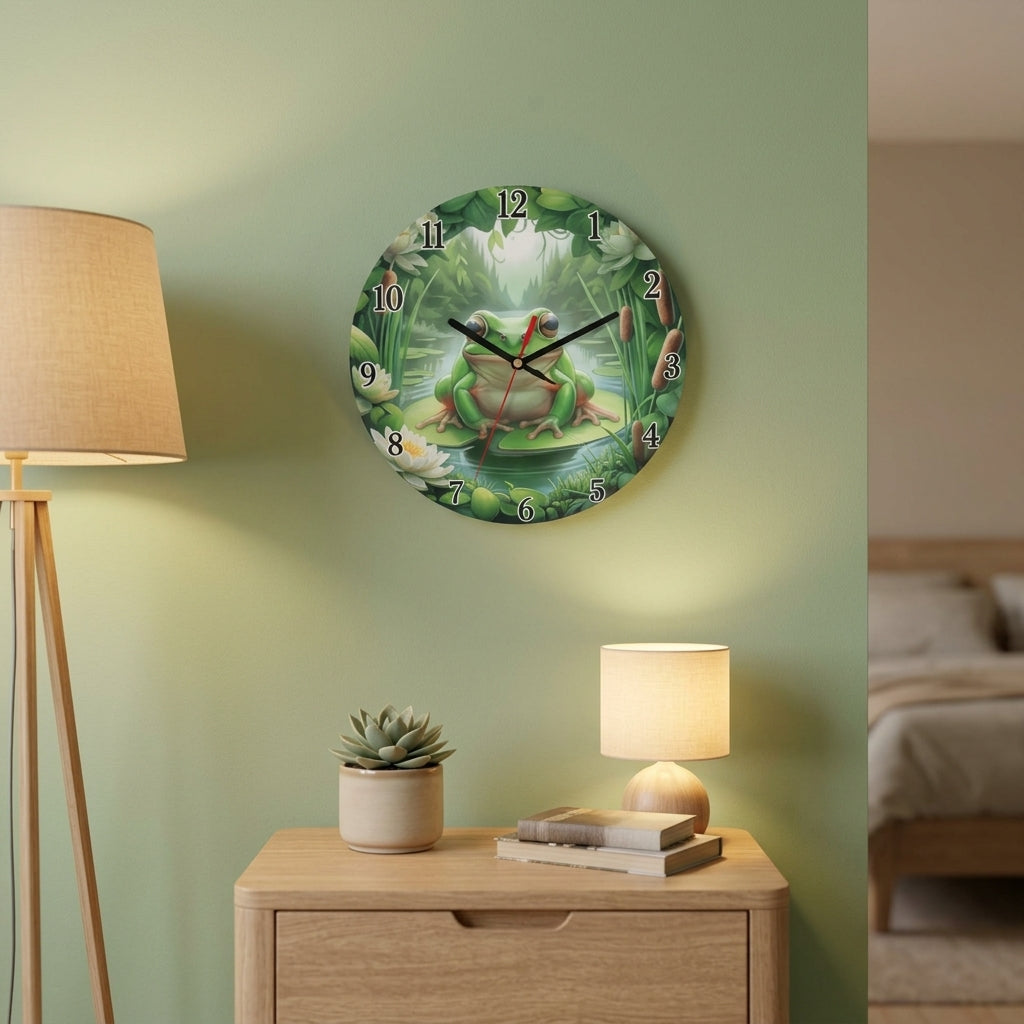 Frog on Lily Pad Wooden Wall Clock - Bedroom Wall Decor