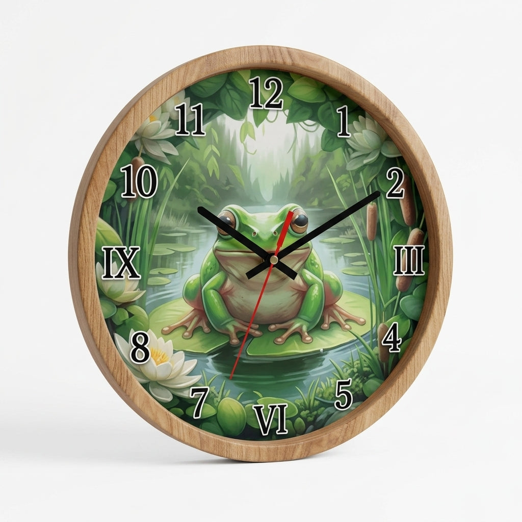 Frog on Lily Pad Wooden Wall Clock - Wooden Dial Close-Up