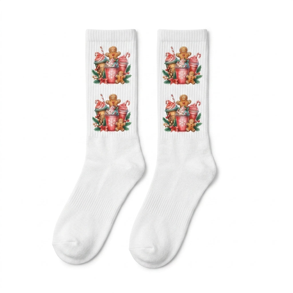 Gingerbread Christmas Crew Socks flat lay on seamless white background