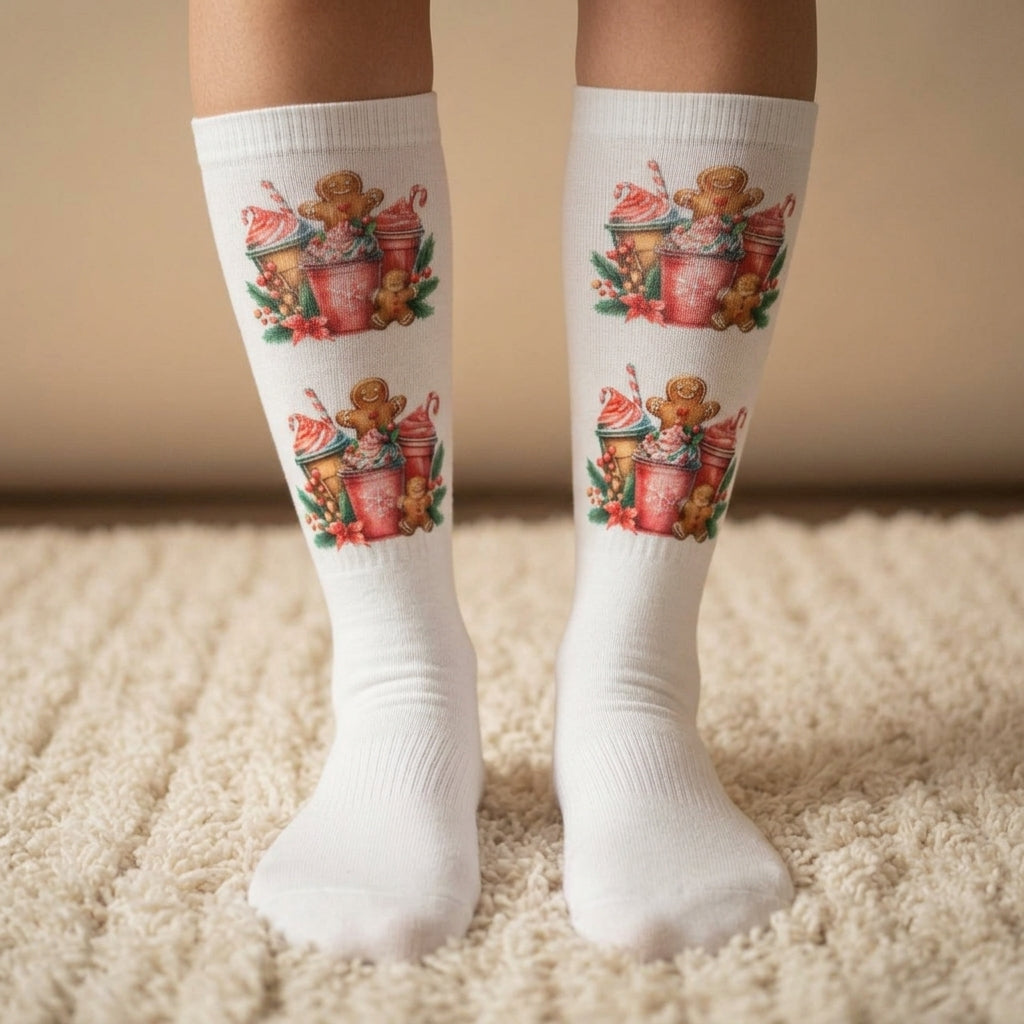 Close-up detail of gingerbread holiday crew socks knit fabric and pattern