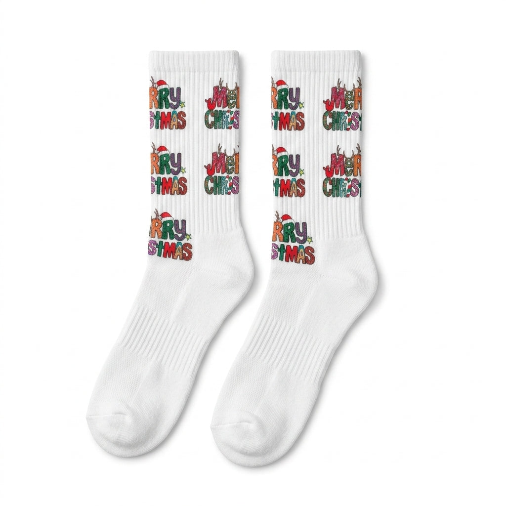 Christmas Socks - Seamless White Background Flat Lay Crew Socks