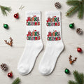 Christmas Socks - Athletic Crew Socks with Merry Christmas Pattern Flat Lay