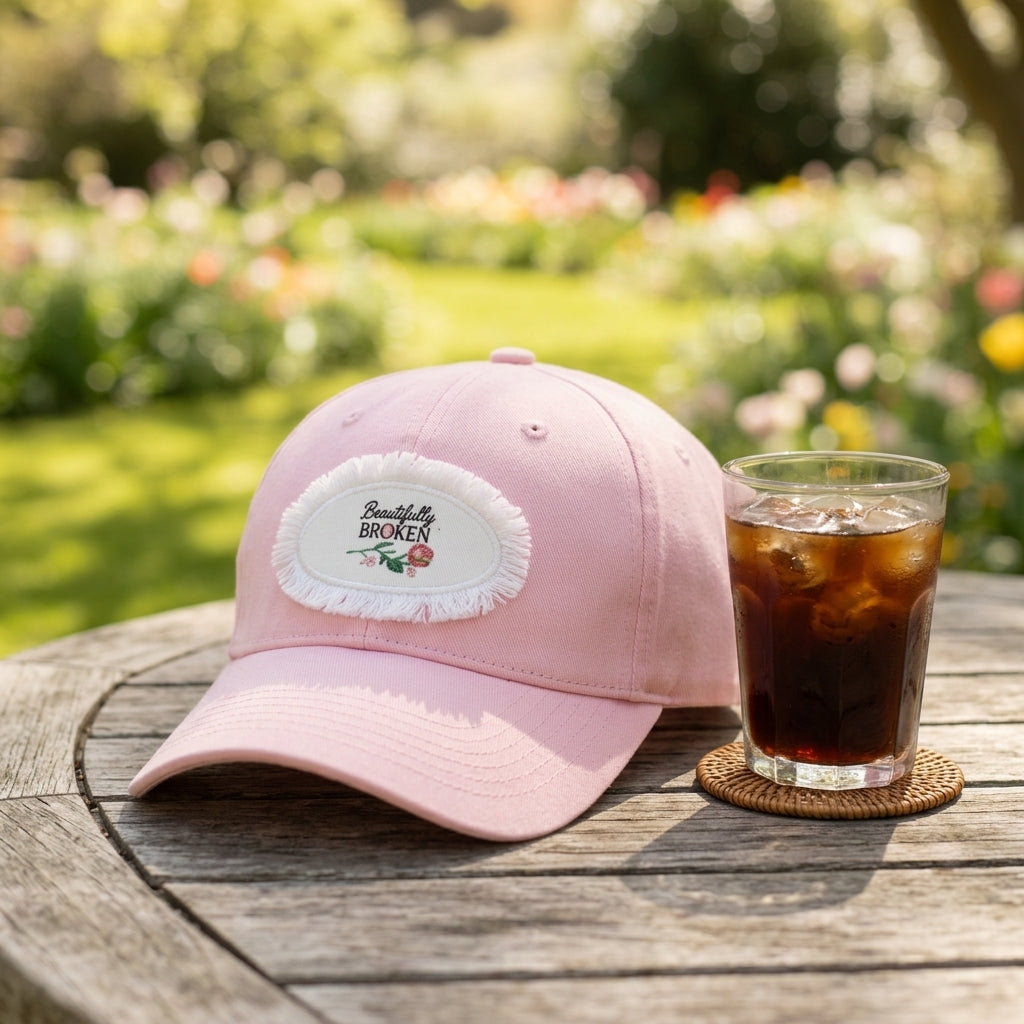 Outdoor garden lifestyle setting featuring the Beautifully Broken Pink Baseball Hat with Patch